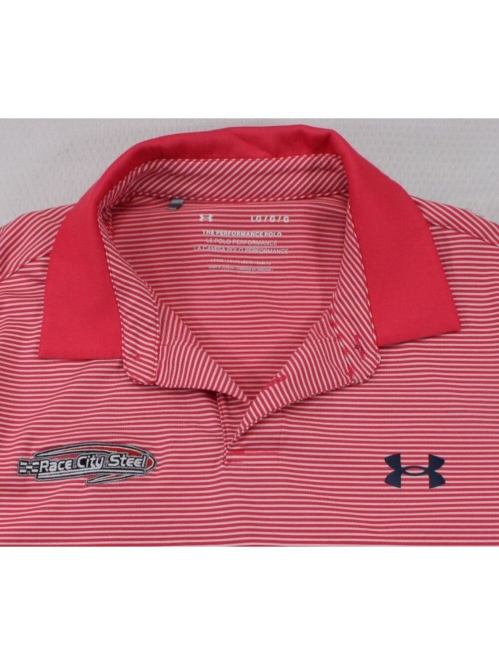 Under Armour Race City Steel Large Red & White Striped Performance Polo Shirt Me - Picture 2 of 8